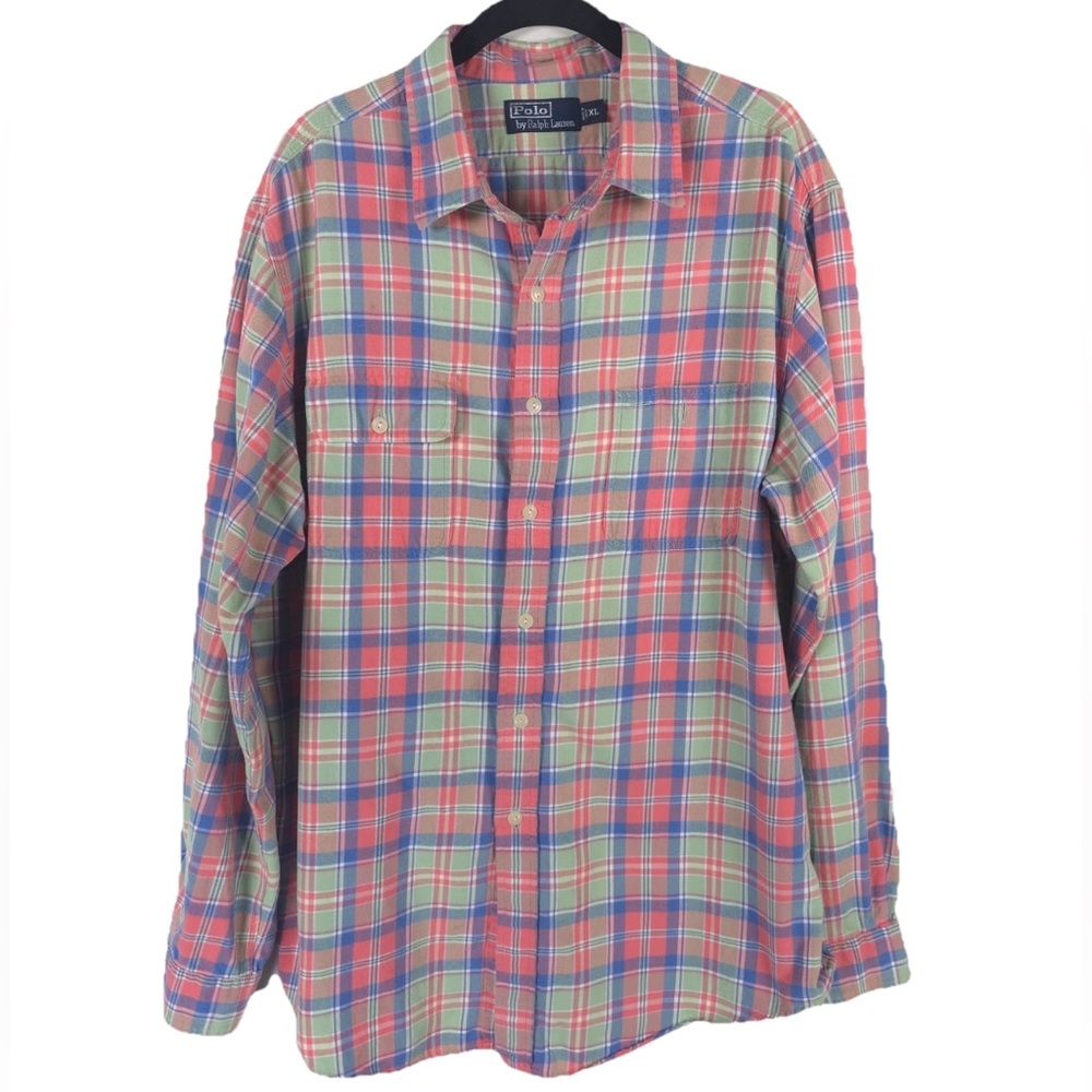 Polo Ralph Lauren Flannel Work Shirt Plaid‎ LS Button Up Double Pocket Size XL